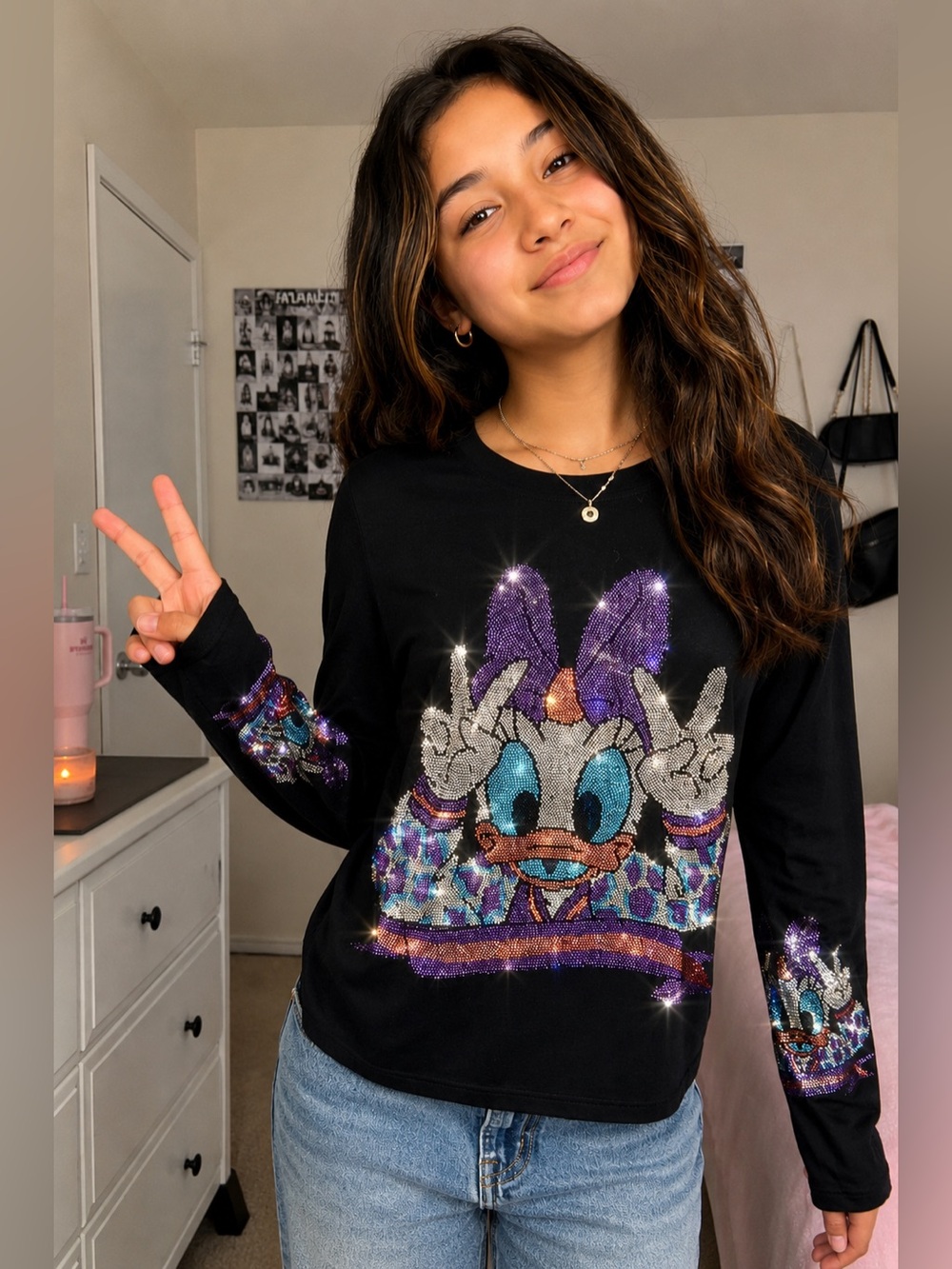 DAISY DUCK Black Long Sleeve Rhinestones Top w Bedazzled Sleeves sz S BEAUTIFUL!